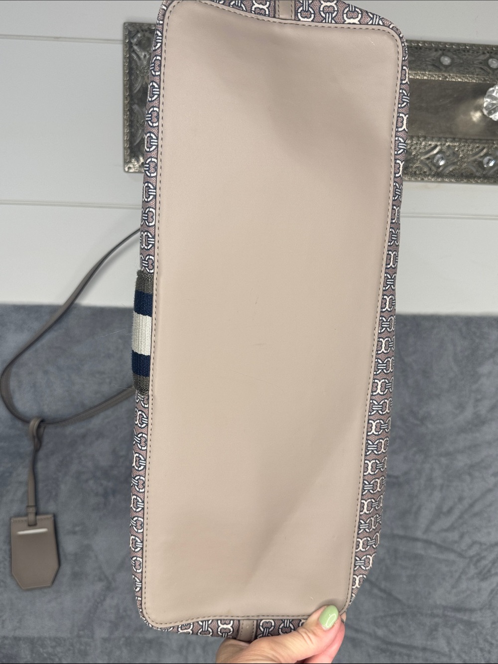Tory Burch Taupe Canvas Tote with Navy & Cream Center Stripe - Picture 5 of 7